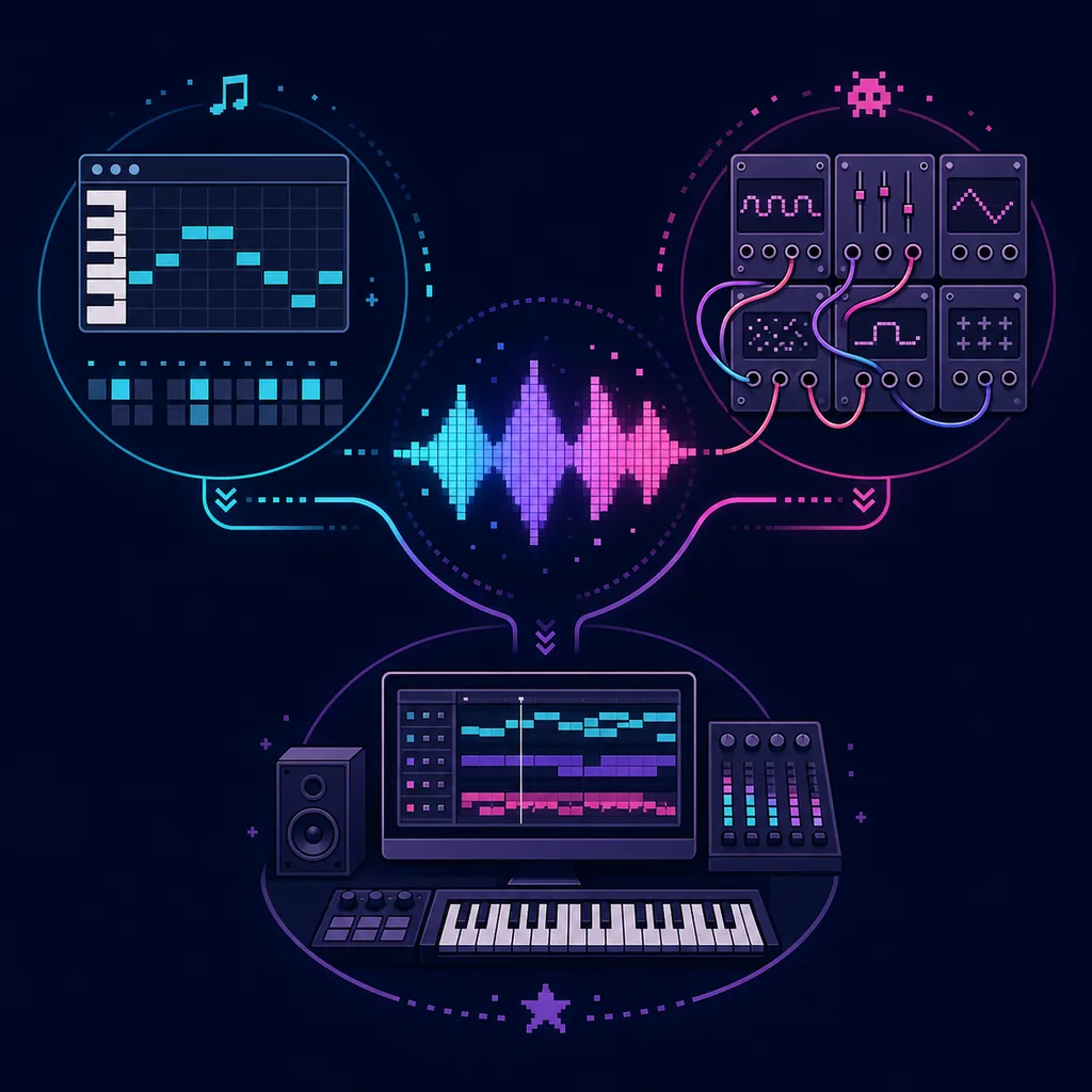 Editorial decision map contrasting a simple browser grid, modular chiptune sound design, and a larger production setup