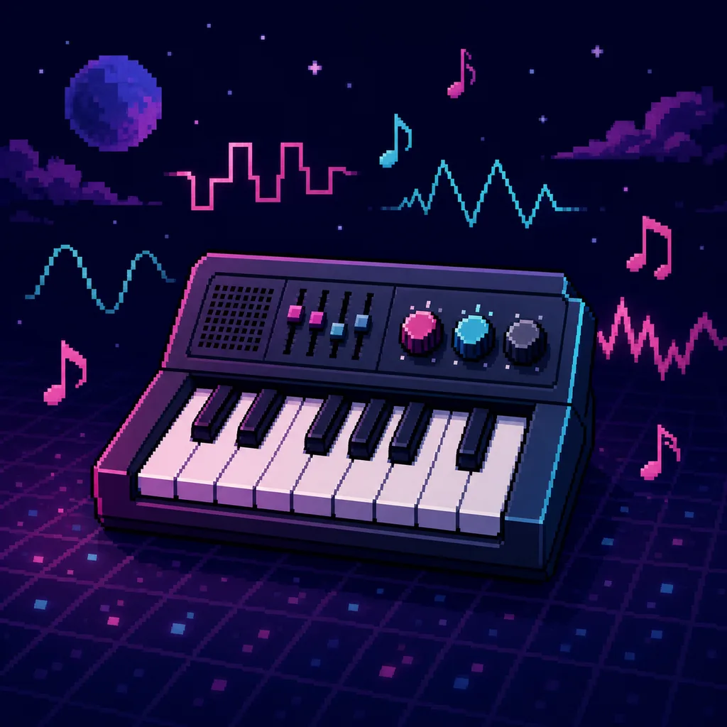 Pixel-inspired editorial illustration of a retro keyboard surrounded by chiptune waveforms