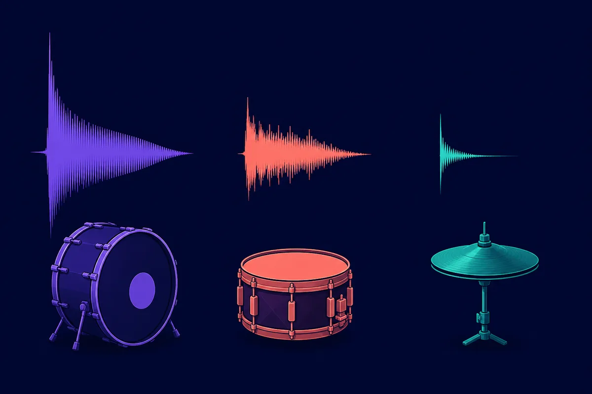 Editorial comparison of low, noisy midrange, and short high-frequency chiptune drum waveform shapes