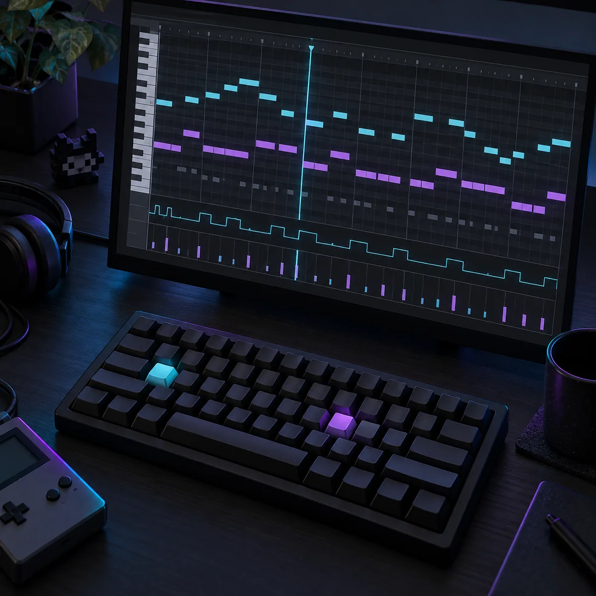 Keyboard beside a dark chiptune note grid with a bright playhead