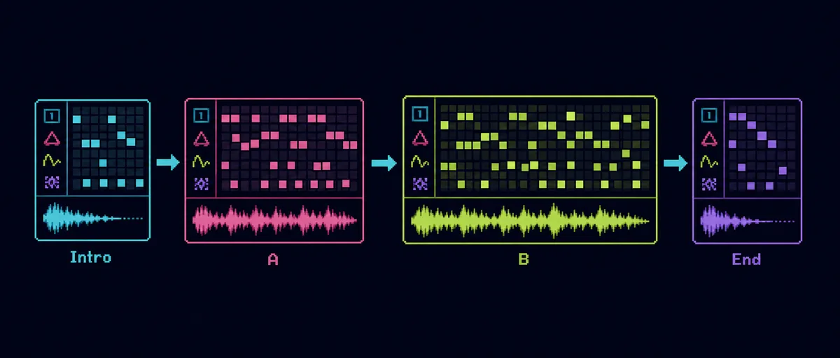 Illustration of Intro A B and End sections used to extend a BeepBox or UltraBox loop