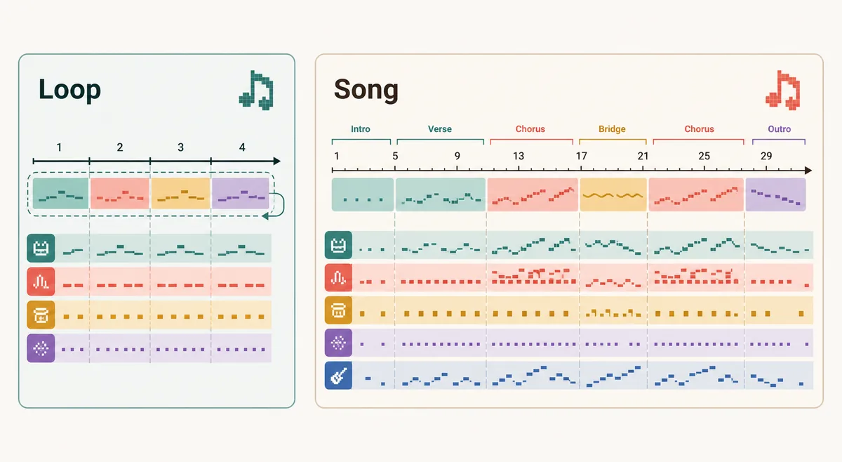 Illustration comparing a repeating BeepBox loop with a longer song structure