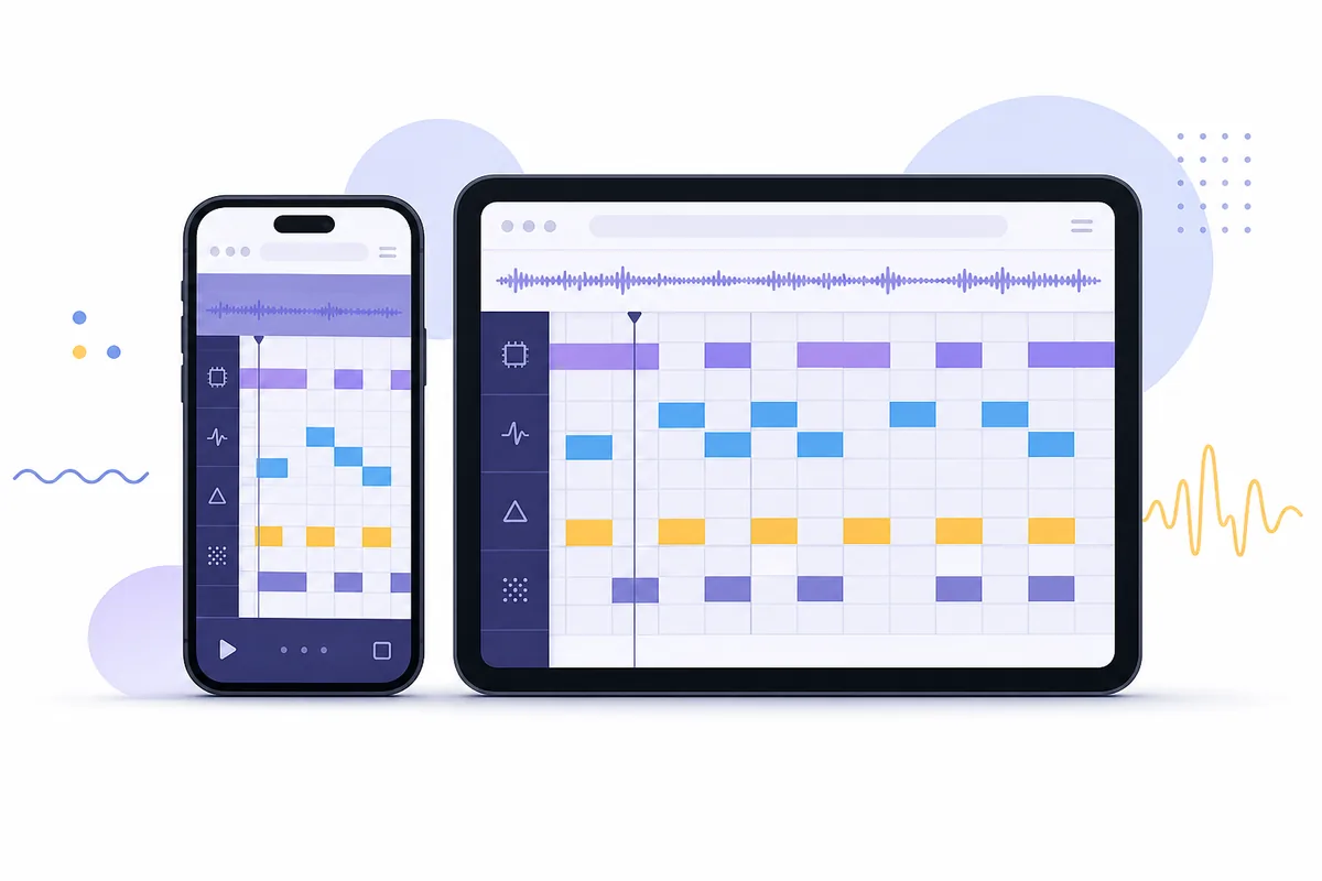 Editorial illustration of a phone and tablet showing a touch-friendly chiptune note grid