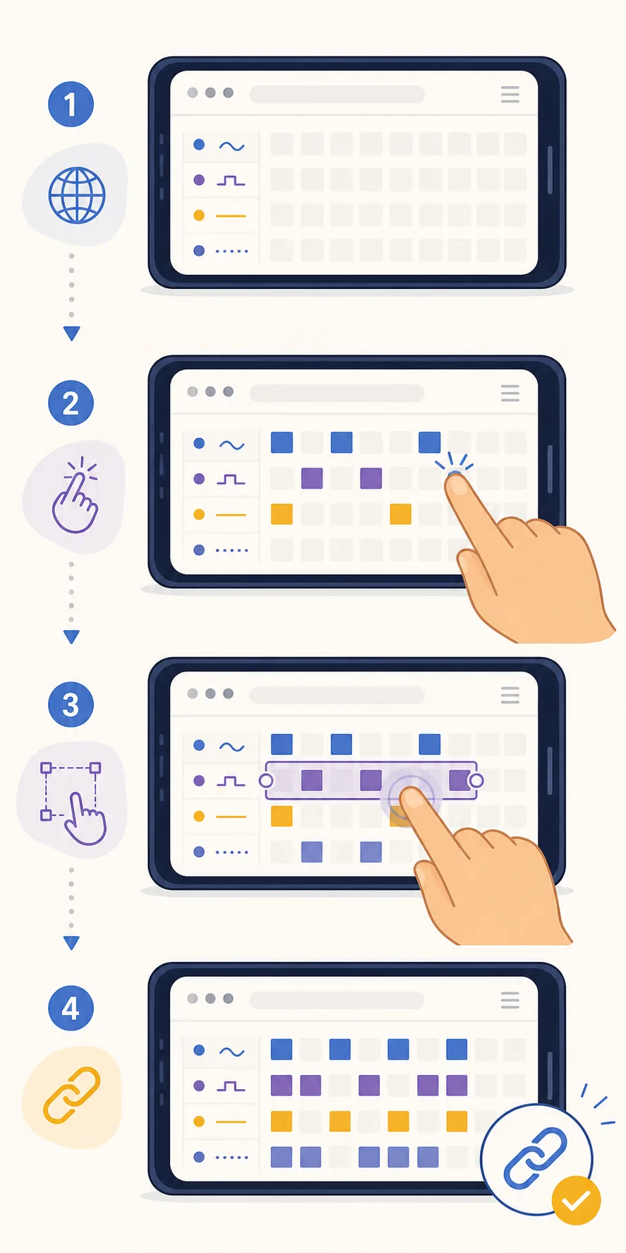Editorial four-step illustration showing a browser editor, tapping notes, long-press selection, and saving a song link