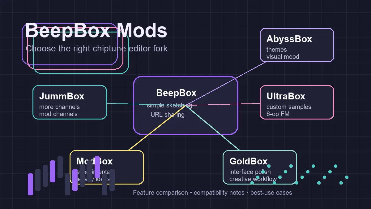 Diagram of BeepBox mods branching into UltraBox, JummBox, ModBox, GoldBox, and AbyssBox workflows