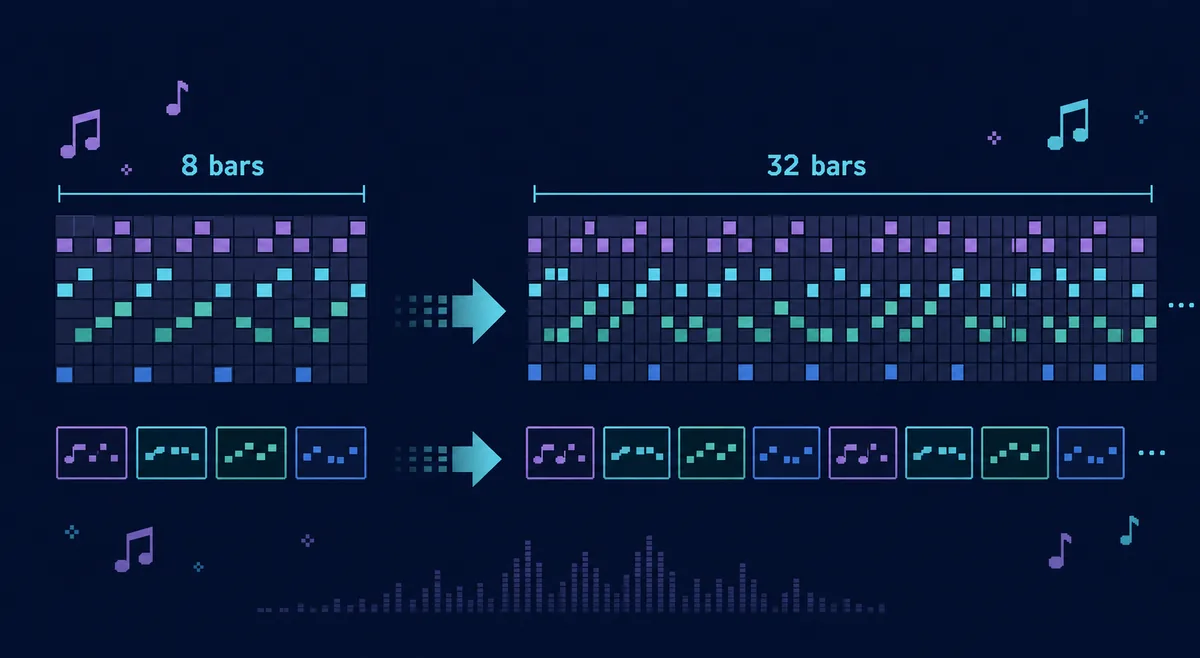 Illustration showing a short BeepBox-style 8 bar loop extended into a longer 32 bar grid