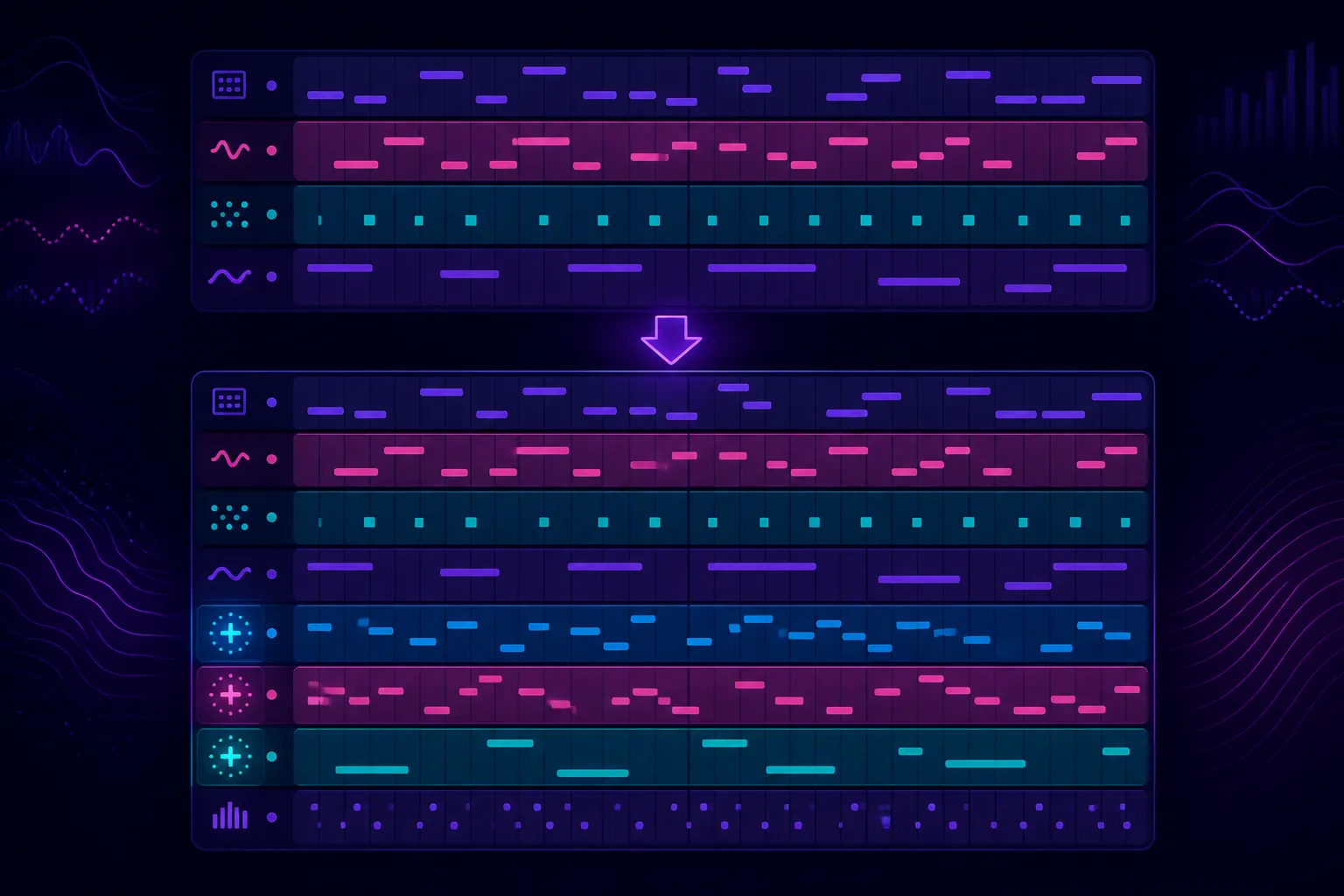 Illustrative multi-lane BeepBox-style sequencer expanding from a compact arrangement into a larger channel grid