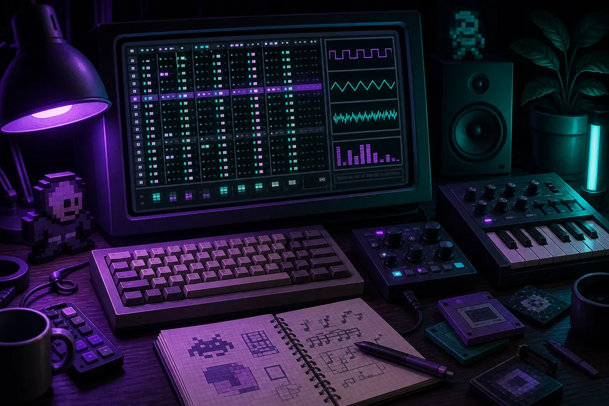 Stylized retro music workstation with a tracker grid and simple waveform shapes for chiptune composition