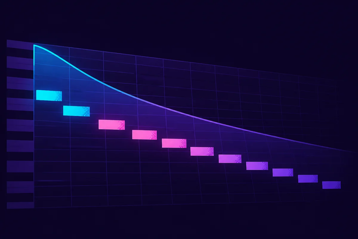 Chiptune note blocks and a descending volume curve showing a BeepBox fade