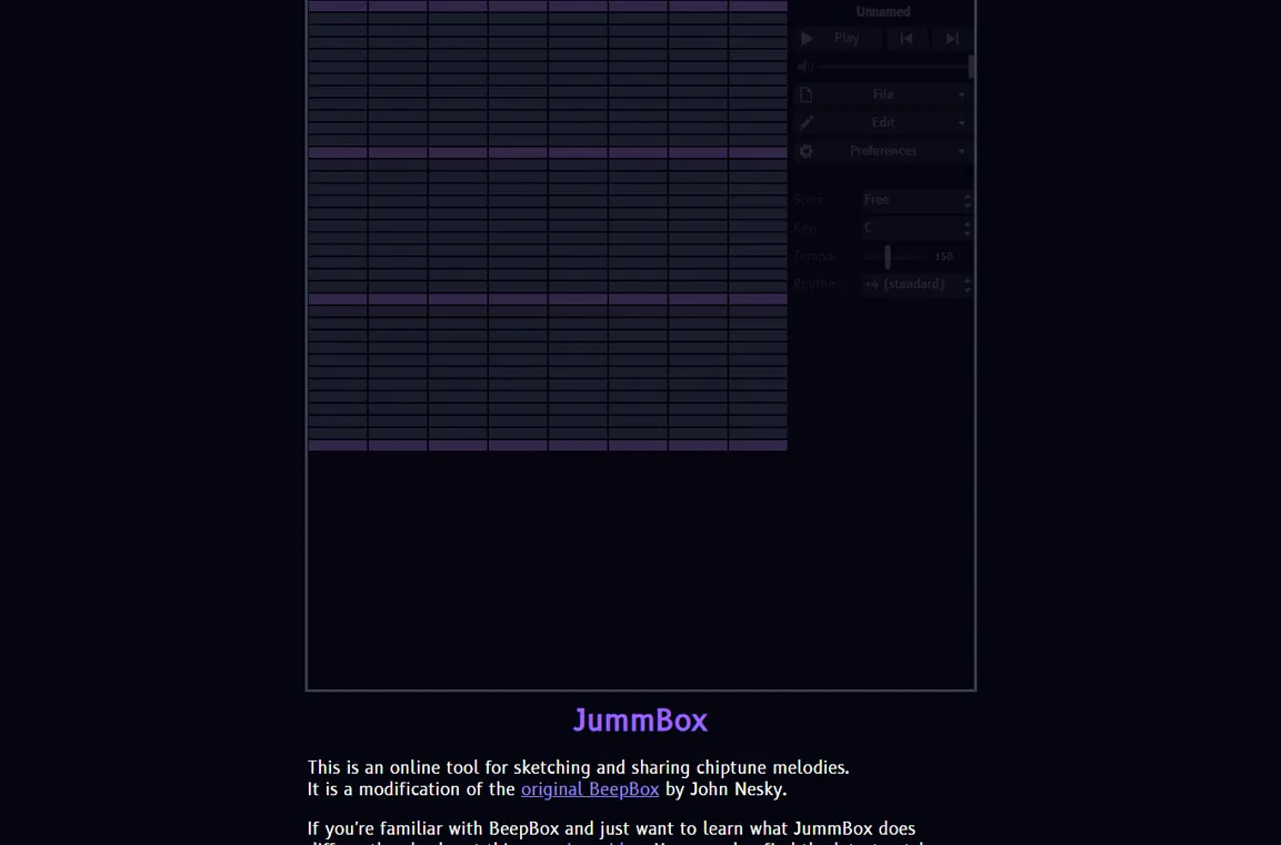 JummBox browser editor showing a BeepBox-style note grid and song settings panel