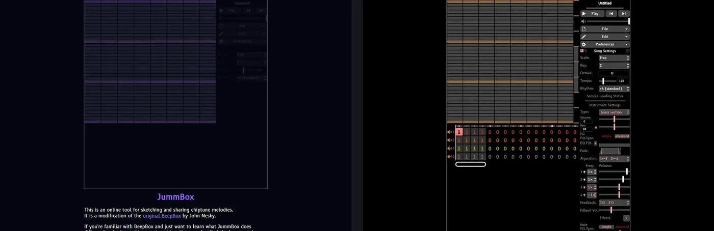 Side-by-side real editor screenshots comparing JummBox and UltraBox workspaces