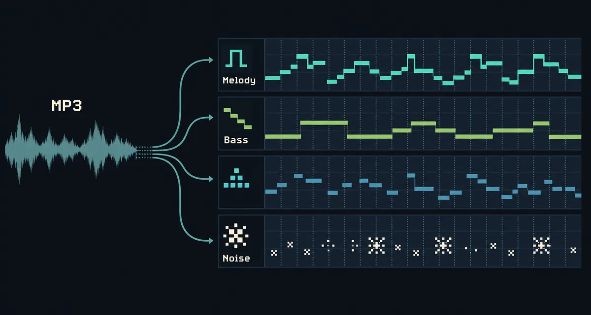 Editorial workflow diagram turning an MP3 waveform into melody, bass, and noise percussion lanes for 8-bit music