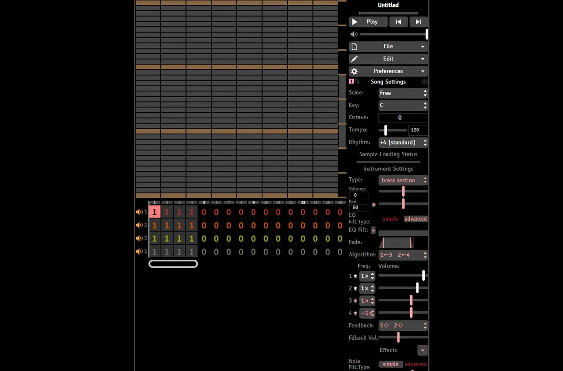 UltraBox browser editor showing expanded song settings and instrument controls